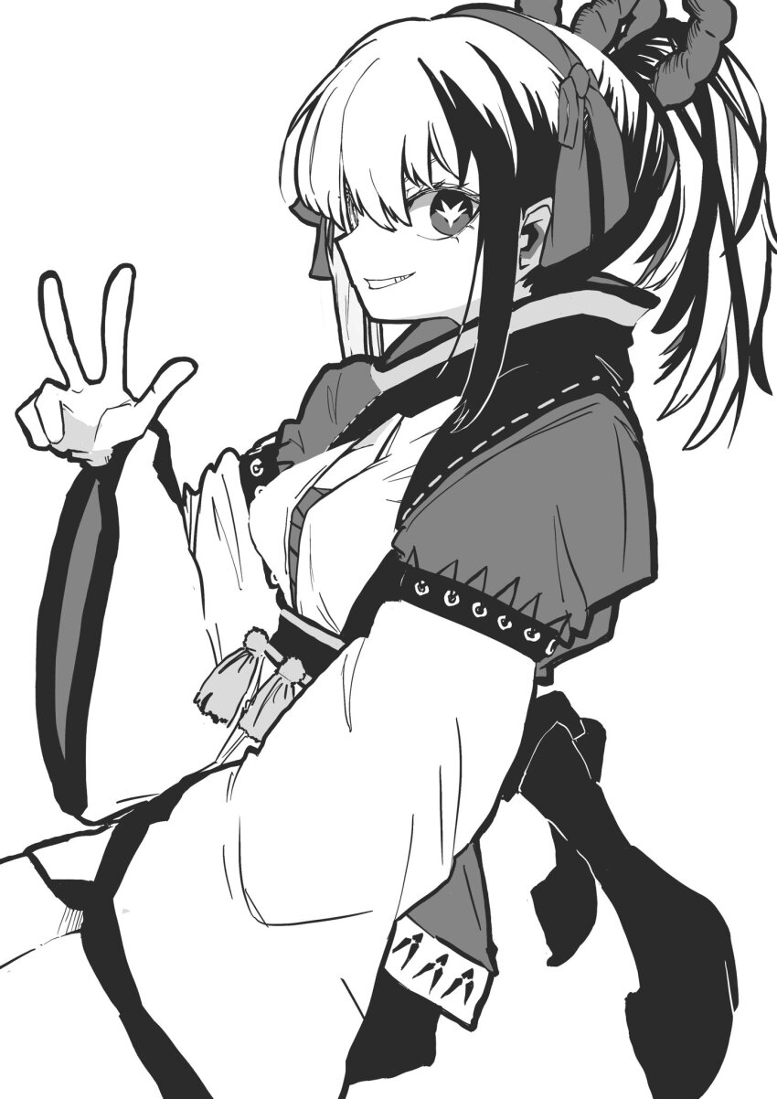 111nnmi111, 1girl, commentary_request, grin, hair_ornament, highres, japanese_clothes, karukaya_gekka