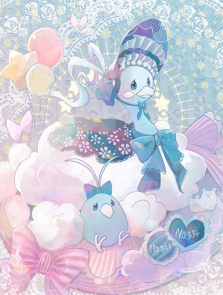 altaria, balloon, bird, blue_eyes, bonnet, closed_mouth, commentary_request, evolutionary_line