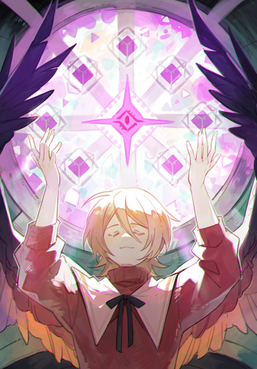 1boy, :3, animification, arms_up, bird_boy, bird_wings, bishounen, black_ribbon