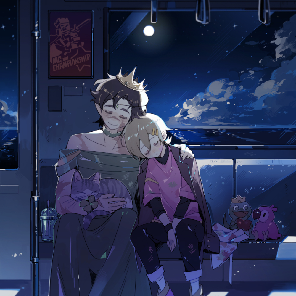 2boys, alternate_costume, animal, animification, bishounen, black_pants, borrowed_clothes, brown_coat, brown_hair, cat, chicken_(minecraft), choker, closed_eyes, clover, coat, commentary, couple, crossdressing, crossdressing_(mtf), crown, dress, drink, feet_out_of_frame, flipped_hair, four-leaf_clover, full_moon, goodtimeswithscar, green_choker, green_dress, green_geckos_(mc_championship), grey_cat, grian_(youtuber), hair_between_eyes, hair_ornament, hairclip, hand_on_another's_shoulder, head_on_another's_shoulder, hermitcraft, holding, holding_animal, holding_cat, indoors, jellie_(hermitcraft), layered_sleeves, long_sleeves, luminous_slime, male_focus, mc_championship, minecraft, minecraft_youtube, moon, multiple_boys, night, off-shoulder_dress, off_shoulder, official_alternate_costume, open_clothes, open_coat, pants, parallel_hairclips, pink_parrots_(mc_championship), pink_shirt, pointy_ears, poster_(object), scar, scar_on_face, scar_on_nose, shirt, short_hair, sleeping, slime_(substance), smile, tabby_cat, window, yaoi, zombie_(minecraft)