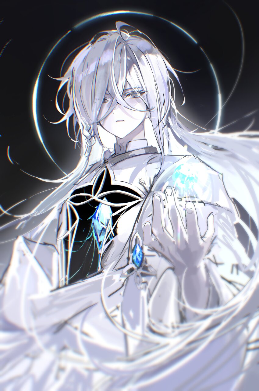 1boy, 9boksen, absurdres, ahoge, alternate_form, black_background, blue_gem, braid