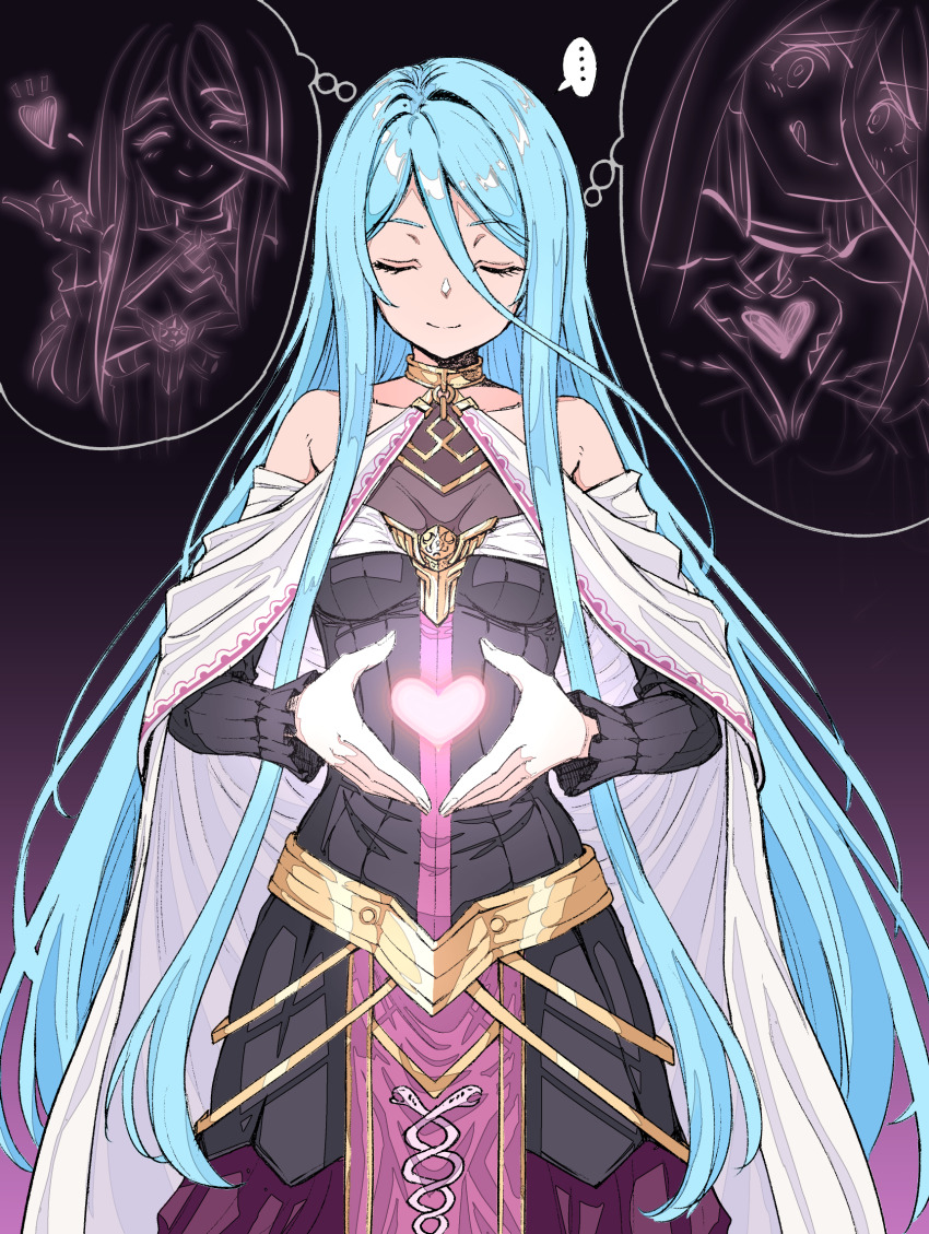 ..., 1girl, :q, ^_^, bare_shoulders, black_dress, blue_hair, breasts, character_request, closed_eyes, closed_mouth, collarbone, commentary_request, dress, eiyuu_densetsu, eyelashes, grandmaster_(eiyuu_densetsu), hair_between_eyes, heart, heart_hands, highres, kai_no_kiseki, kuny, kuro_no_kiseki_(series), long_hair, medium_breasts, multiple_views, sen_no_kiseki, sen_no_kiseki_(series), sen_no_kiseki_iv, smile, snake_print, speech_bubble, spoken_ellipsis, standing, thought_bubble, tongue, tongue_out, very_long_hair