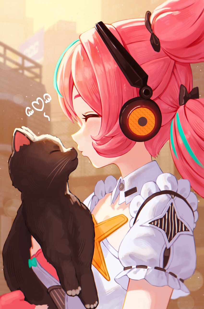 1girl, absurdres, animal, aqua_hair, aqua_streaks, aria_(zenless_zone_zero), black_bow, black_cat, bow, breasts, building, cat, closed_mouth, commentary, dress, english_commentary, fingerless_gloves, frilled_sleeves, frills, from_side, gloves, hair_bow, highres, holding, holding_animal, holding_cat, inky_(zenless_zone_zero), multicolored_hair, outdoors, pink_gloves, pink_hair, small_breasts, streaked_hair, upper_body, white_dress, winged_heart, yamisroot, zenless_zone_zero