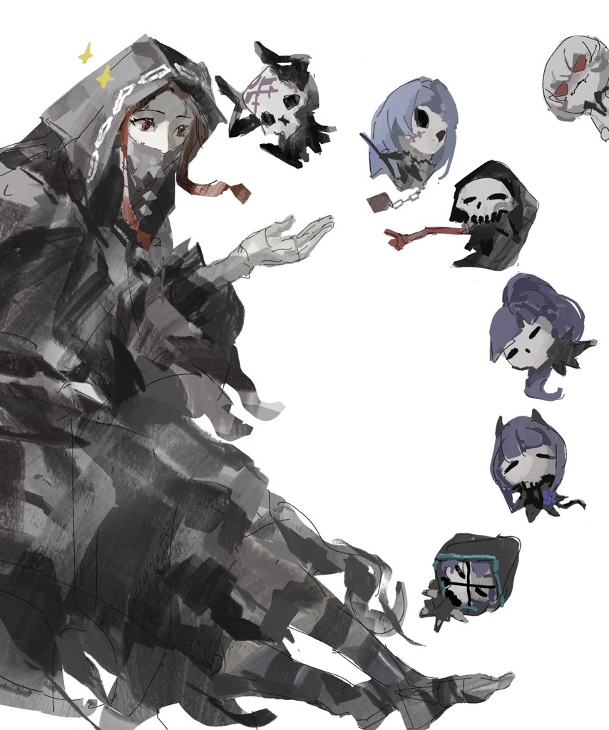 4boys, 4girls, armor, assassin_(fate/zero), black_cloak, black_hair, black_hood, character_request, chibi, cloak, commentary_request, covered_mouth, dark-skinned_female, dark-skinned_male, dark_skin, fate/grand_order, fate/prototype, fate/prototype:_fragments_of_blue_and_silver, fate/stay_night, fate/strange_fake, fate/zero, fate_(series), female_assassin_(fate/zero), formal_clothes, hair_between_eyes, hassan_of_serenity_(fate), hassan_of_the_cursed_arm_(fate), hassan_of_the_shining_star_(fate), hood, hood_up, hooded_cloak, horns, jester_karture, king_hassan_(fate), long_hair, long_sleeves, mask, multiple_boys, multiple_girls, no_name_assassin_(fate), parted_bangs, ponytail, provercrinolin, purple_hair, red_eyes, short_hair, simple_background, skull, skull_mask, solo_focus, star_(symbol), suit, white_background, white_hair, white_suit, zabaniya_(fate)