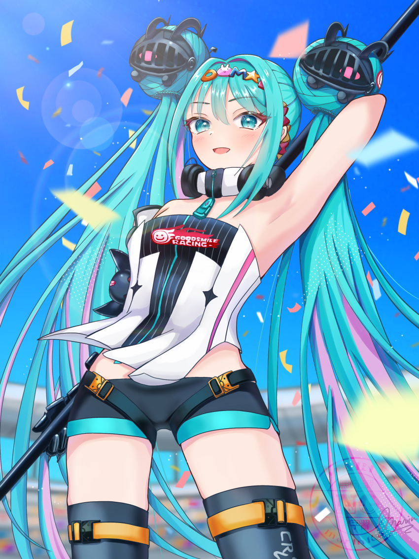 1girl, absurdres, aqua_hair, aqua_trim, arm_up, armpits, black_gloves, black_shorts, braid, braided_bun, commentary_request, double_bun, gauntlets, gloves, goodsmile_company, goodsmile_racing, hair_bun, hatsune_miku, headband, headphones, headphones_around_neck, highres, holding, holding_polearm, holding_weapon, long_hair, looking_at_viewer, looking_up, maarin_(59567861), multicolored_hair, official_alternate_costume, official_alternate_hairstyle, open_mouth, pink_hair, polearm, race_queen, racing_miku, racing_miku_(2026), short_shorts, shorts, single_gauntlet, single_glove, smile, solo, teeth, twintails, vocaloid, weapon