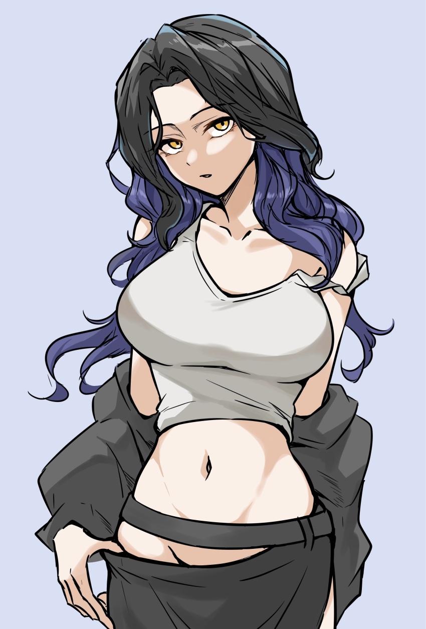 1girl, absurdres, arm_behind_back, belt, black_belt, black_hair, black_jacket, black_skirt