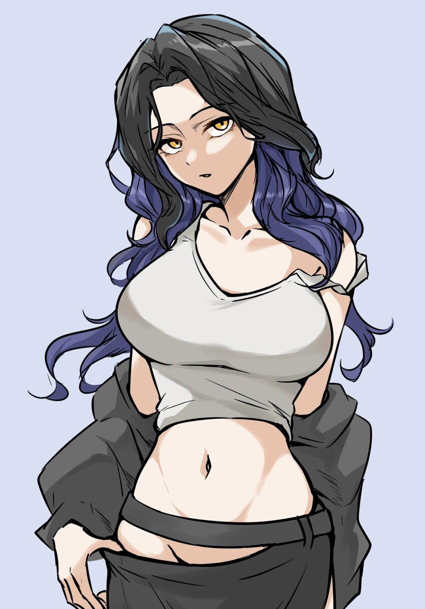 1girl, arm_behind_back, belt, black_belt, black_hair, black_jacket, black_skirt, blue_background