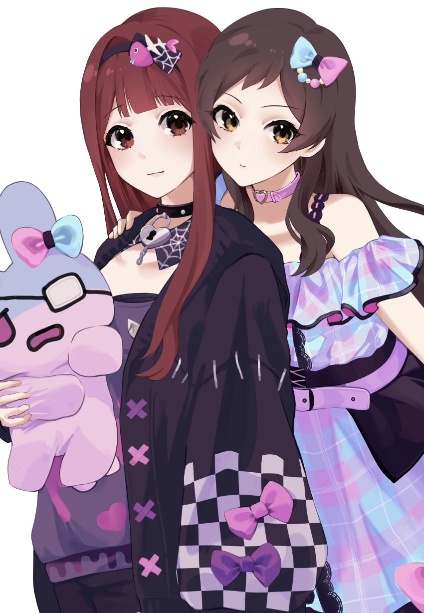 2girls, absurdres, behind_another, black_cardigan, black_collar, bow, brown_eyes, brown_hair