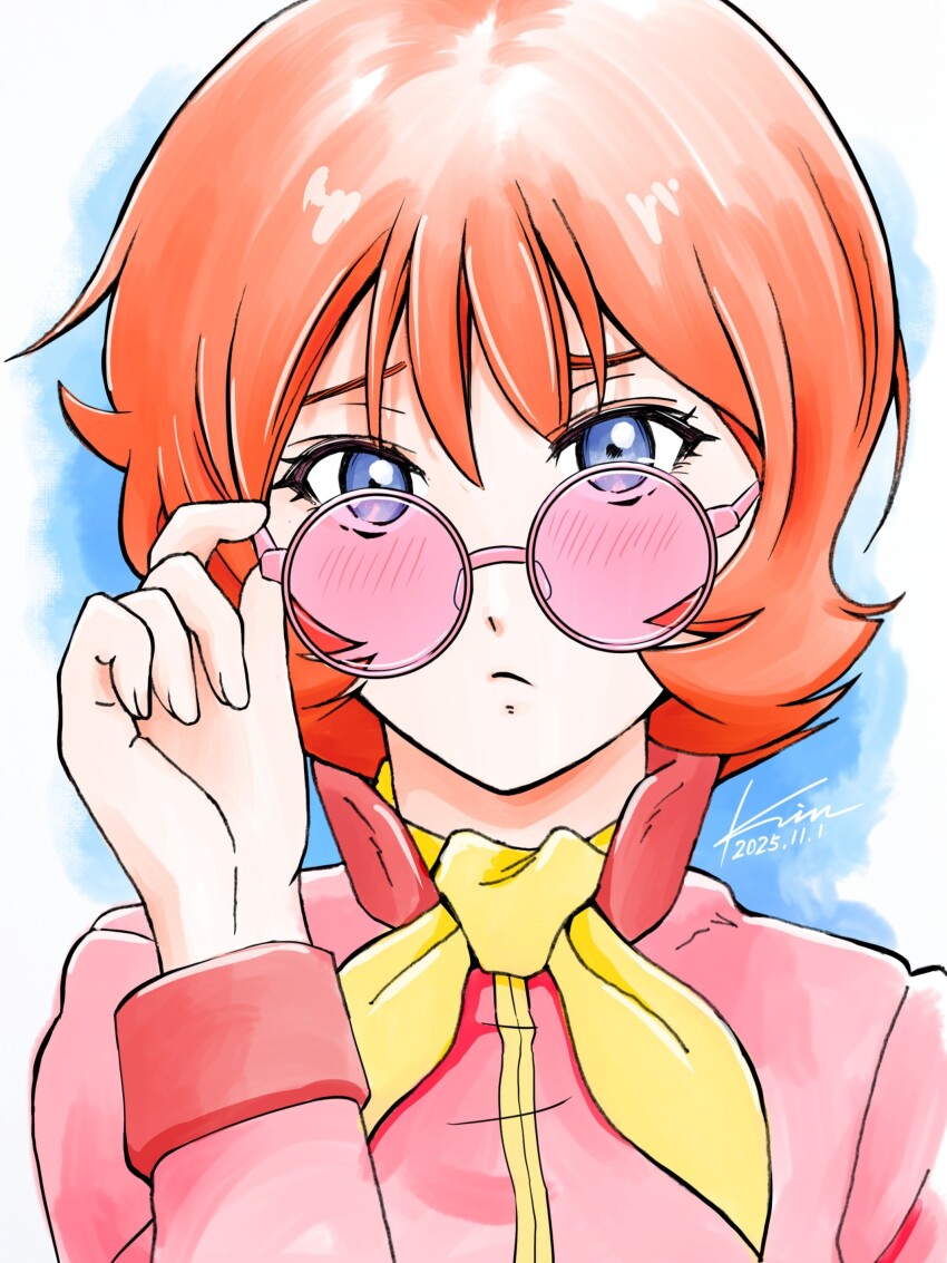 1girl, absurdres, adjusting_clothes, adjusting_eyewear, closed_mouth, commentary, dated, fraw_bow