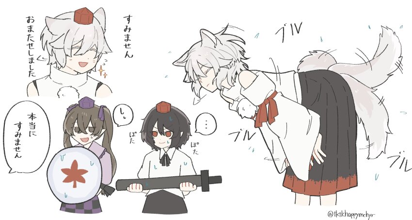 ..., 3girls, absurdres, animal_ears, black_hair, black_skirt, brown_eyes, brown_hair