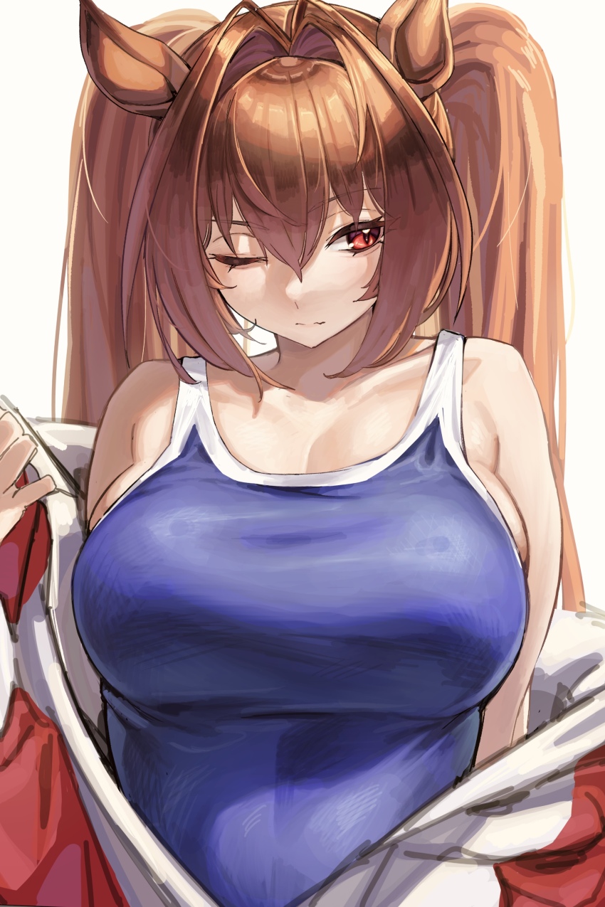1girl, absurdres, animal_ears, bare_shoulders, blue_one-piece_swimsuit, blush, breasts, brown_hair