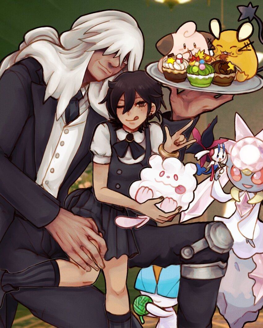 2boys, :q, \||/, alexis_(dotted_clouds), alternate_color, az_(pokemon), black_flower, black_jacket