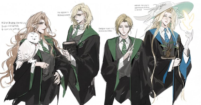 4girls, augustus_(path_to_nowhere), bernadette_cavendish_(path_to_nowhere), bird, black_coat, coat, hair_over_one_eye, harry_potter_(series)