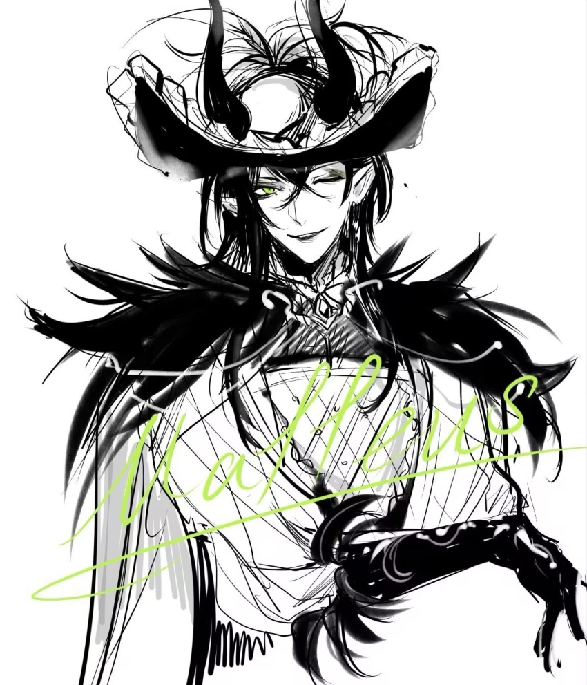 1boy, ;d, bicorne, cape, character_name, crossed_bangs, dragon_horns, earrings, elbow_gloves, eyeshadow, frilled_hat, frills, fur-trimmed_cape, fur_trim, gloves, green_eyes, greyscale, hair_between_eyes, hat, hat_feather, he_he_chang, highres, horns, horns_through_headwear, jacket, jewelry, long_sleeves, looking_at_viewer, makeup, male_focus, malleus_draconia, medium_hair, monochrome, official_alternate_costume, one_eye_closed, open_mouth, pointy_ears, puffy_long_sleeves, puffy_sleeves, shirt, simple_background, slit_pupils, smile, solo, spot_color, twisted_wonderland, upper_body, white_background