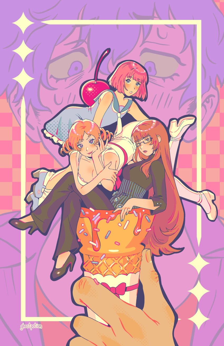 2boys, 2girls, artist_name, black_pants, black_shirt, black_shoes, blonde_hair, blue_eyes