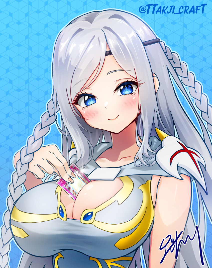 1girl, absurdres, adapted_costume, blue_background, blue_eyes, braid, breasts, card