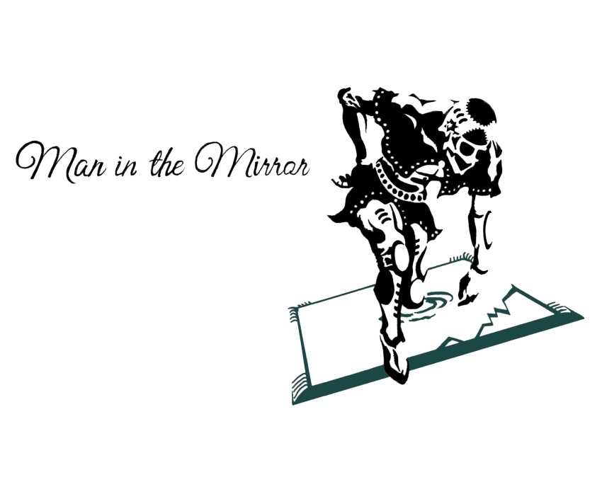 1boy, beaked_helmet, belt, character_name, commentary, cursive, goggles, gyro_(gyro-zeppeli), hand_on_own_hip, highres, jacket, jojo_no_kimyou_na_bouken, knee_armor, man_in_the_mirror_(stand), mirror, no_humans, portal_(object), simple_background, skirt, solo, spot_color, stand_(jojo), vento_aureo, white_background