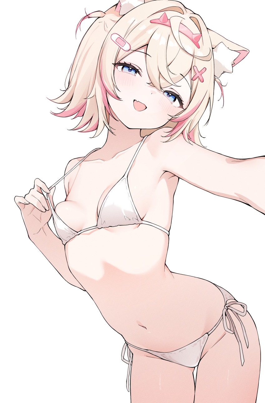 1girl, :d, absurdres, animal_ear_fluff, animal_ears, bandaid, bandaid_hair_ornament, bikini