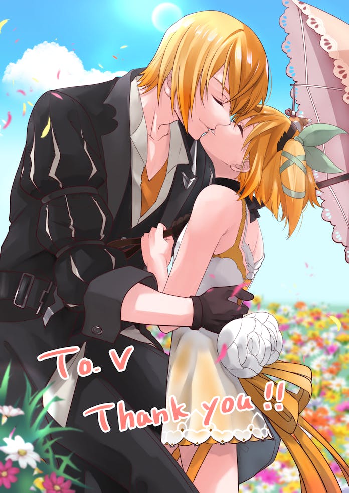 1boy, 1girl, black_choker, blonde_hair, brother_and_sister, choker, closed_eyes, commentary_request, commission, dress, edna_(tales), eizen_(tales), english_text, flower, gloves, green_ribbon, hair_ribbon, incest, kiss, ribbon, runrui_kaku, short_hair, siblings, side_ponytail, single_glove, skeb_commission, tales_of_(series), tales_of_berseria, tales_of_zestiria, thank_you, white_dress