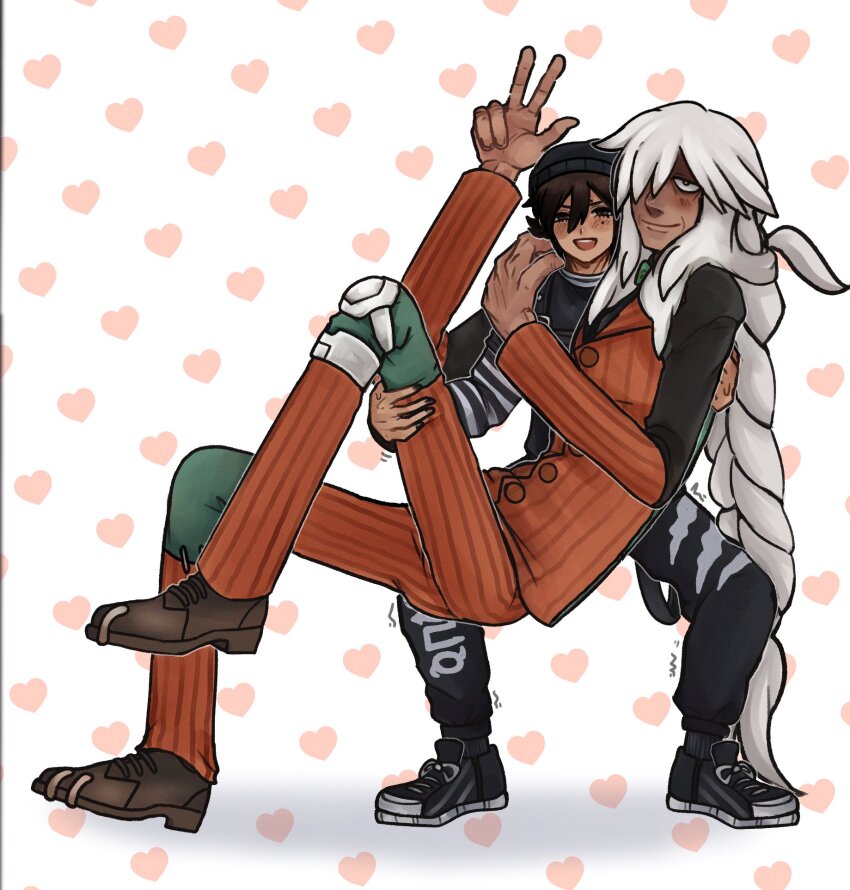 2boys, alexis_(dotted_clouds), az_(pokemon), beanie, black_hat, black_nails, black_pants, black_shirt, black_shoes, blush, bow, bowtie, braid, braided_ponytail, brown_hair, carrying, commentary, dotted_clouds, english_commentary, full_body, green_bow, green_bowtie, hair_over_one_eye, hand_on_another's_shoulder, hat, heart, heart_background, highres, knee_brace, layered_shirt, looking_at_viewer, lower_eyelashes_only, male_focus, mole, mole_on_forehead, mole_under_eye, multiple_boys, nintendo, old, open_mouth, orange_vest, pants, patchwork_clothes, patterned_background, pinstripe_pattern, pinstripe_vest, pokemon, pokemon_legends:_z-a, princess_carry, shirt, shoes, smile, striped_sleeves, struggling, tall_male, teeth, trembling, upper_teeth_only, vest, w, yaoi