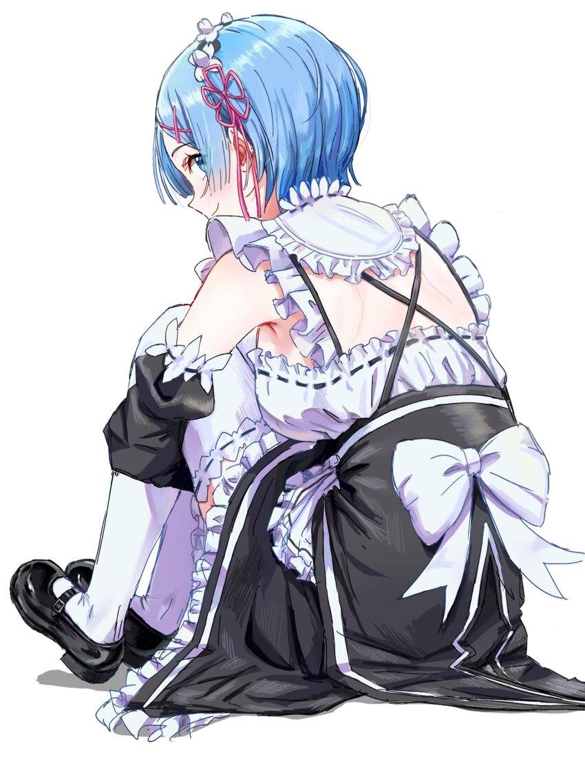 1girl, apron, back_bow, blue_eyes, blue_hair, blush, bow, breasts, closed_mouth, commentary_request, detached_sleeves, dress, frilled_dress, frilled_sleeves, frills, from_behind, full_body, hair_ornament, hair_ribbon, highres, hugging_own_legs, knees_up, looking_at_viewer, looking_back, maid, maid_headdress, mary_janes, nuuuuu_oxo, pink_ribbon, re:zero_kara_hajimeru_isekai_seikatsu, rem_(re:zero), ribbon, ribbon-trimmed_clothes, ribbon_trim, roswaal_mansion_maid_uniform, shoes, short_hair, simple_background, sitting, smile, solo, thighhighs, white_apron, white_background, white_bow, white_thighhighs, x_hair_ornament