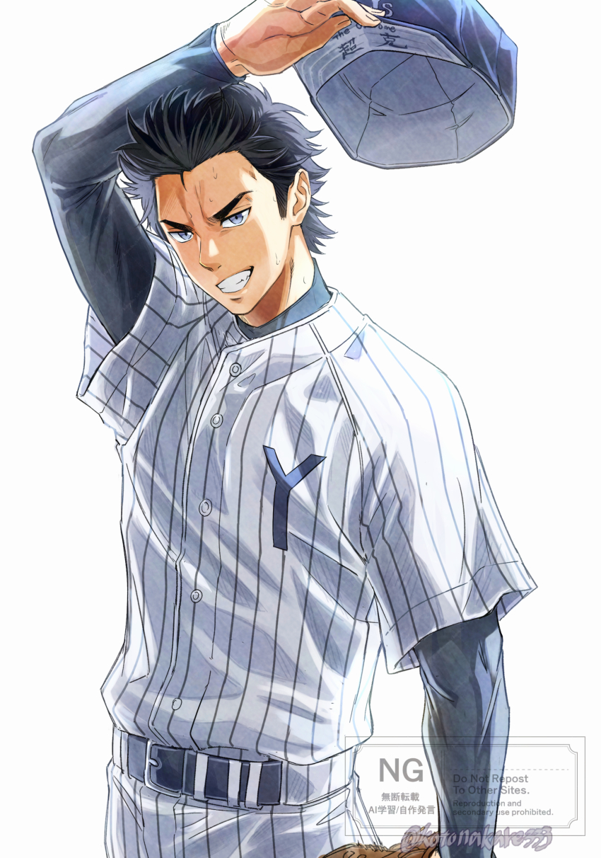 1boy, absurdres, ace_of_diamond, arm_up, baseball_cap, baseball_glove, baseball_uniform, belt