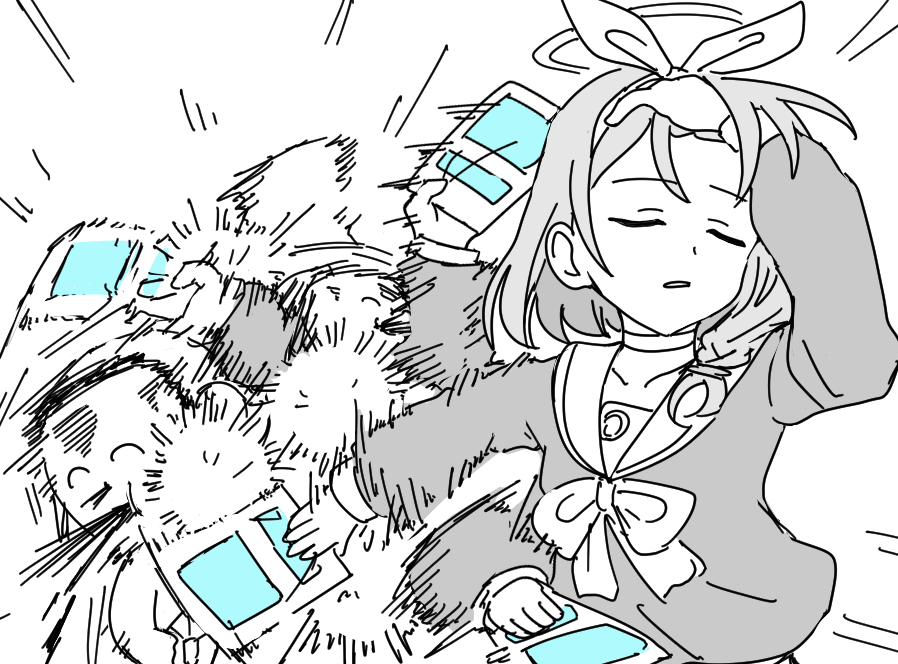 1boy, 1girl, arona_(blue_archive), blood, blood_from_mouth, blue_archive, blue_halo, commentary_request, doodle_sensei_(blue_archive), envelope, gacha_(game_mechanic), halo, jujutsu_kaisen, meme, naoya_hitting_choso_without_looking_(meme), parody, recruitment_(blue_archive), scene_reference, sensei_(blue_archive), slapping, spot_color, tearing_up, togarashi_no_shinseki