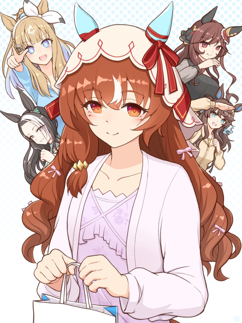 +_+, 5girls, ahoge, almond_eye_(umamusume), animal_ears, bag, black_dress, black_hair, blue_eyes, blue_shirt, blush, bow, bow_hairband, breasts, brown_hair, brown_jacket, closed_mouth, collarbone, colored_inner_hair, daring_tact_(umamusume), dress, ear_covers, ear_ornament, gentildonna_(umamusume), hair_between_eyes, hair_bow, hair_ornament, hairband, hairclip, heart-shaped_ornament, heart_ear_ornament, highres, holding, horse_ears, horse_girl, jacket, long_hair, long_sleeves, looking_at_viewer, medium_hair, mejiro_ramonu_(umamusume), mitsuno, mole, mole_under_eye, multicolored_hair, multiple_girls, open_mouth, pink_bow, pink_shirt, pointy_ears, ponytail, purple_shirt, red_eyes, ribbon, shirt, shopping_bag, small_breasts, smile, star_(symbol), star_hair_ornament, still_in_love_(umamusume), streaked_hair, symbol-shaped_pupils, umamusume, veil, white_hair, white_hairband, white_streaks, white_veil, x-shaped_pupils