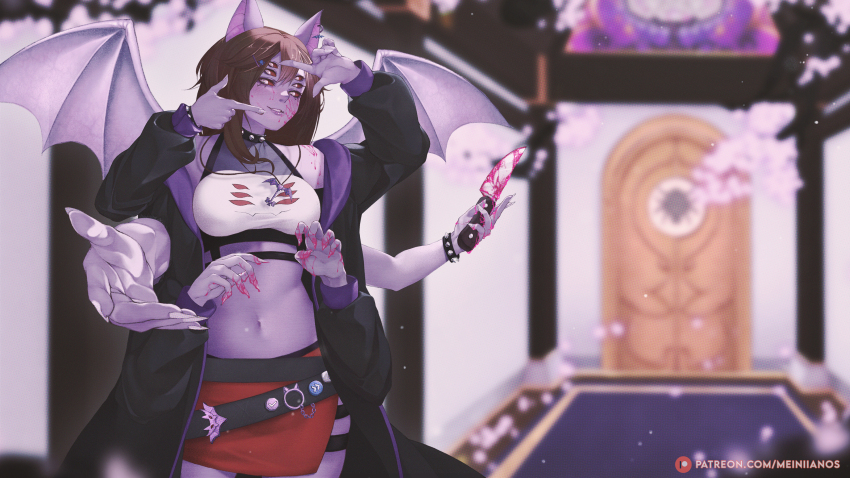 animal_ears, arthropod_girl, bat_ears, blood, bloody_knife, brown_hair, clothing_cutout, colored_sclera