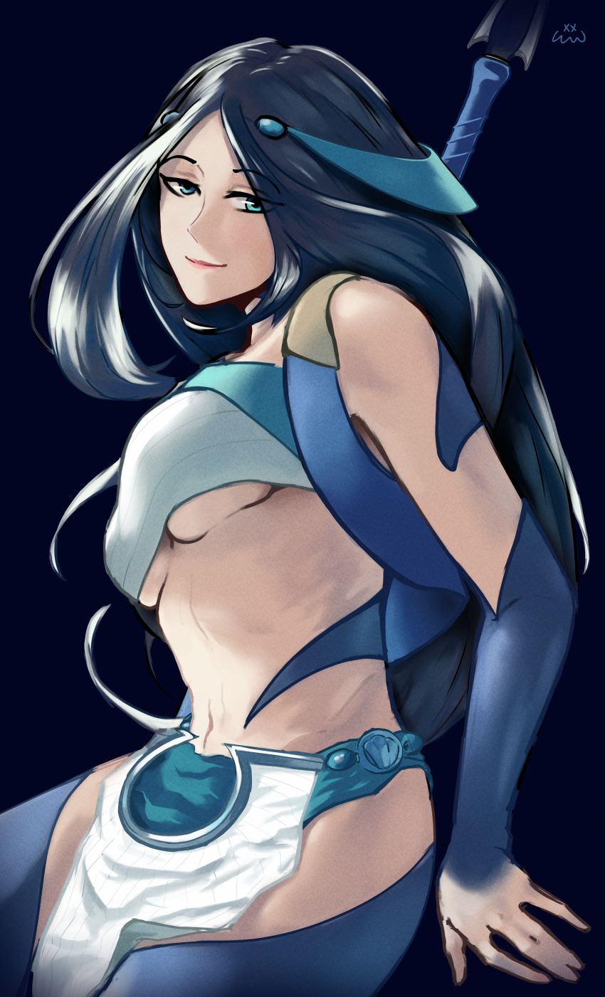 1girl, absurdres, artist_logo, black_hair, blue_background, blue_vest, breasts, chest_sarashi