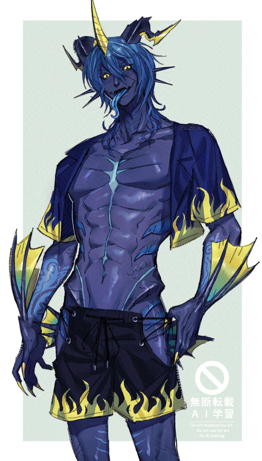 1boy, absurdres, black_sclera, black_shorts, blue_horns, blue_shirt, blue_skin, blue_tongue