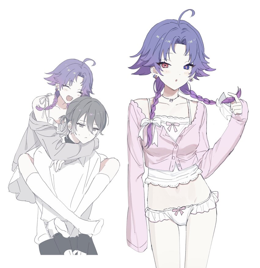 18trip, 1boy, 1girl, :o, ahoge, arms_around_neck, blue_eyes, bow, bow_panties, braid, buttons, cardigan, carrying, collarbone, commentary, couple, crop_top, earrings, fangs, frilled_cardigan, frilled_shirt, frills, gradient_hair, grey_eyes, grey_hair, grey_jacket, hachinoya_nagi, hair_between_eyes, hair_bow, hetero, heterochromia, highres, holding, holding_own_hair, jacket, jewelry, kneehighs, long_hair, looking_at_viewer, medium_hair, multicolored_hair, multiple_views, necklace, pankajiru, panties, piggyback, pink_cardigan, pink_hair, purple_hair, red_eyes, shirt, simple_background, sleeves_past_fingers, sleeves_past_wrists, smile, socks, untranslatable_commentary, twin_braids, underwear, white_background, white_bow, white_panties, white_shirt, white_socks, yowa_netaro