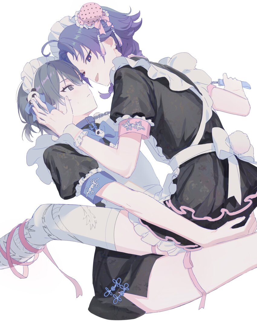 18trip, 2boys, ahoge, apron, back_bow, black_dress, blue_bow, blue_collar, blue_eyes, bow, braid, bun_cover, chain, chain_leash, chinese_clothes, collar, commentary_request, crossdressing, crossdressing_(mtf), dress, eye_contact, frilled_dress, frilled_headwear, frills, grey_eyes, grey_hair, hachinoya_nagi, hair_between_eyes, hand_on_another's_ass, hand_on_another's_face, highres, holding, holding_leash, leash, looking_at_another, low_twin_braids, maid, maid_apron, maid_headdress, male_focus, male_maid, matching_outfits, medium_hair, multiple_boys, pankajiru, pink_ribbon, pom_pom_(clothes), puffy_short_sleeves, puffy_sleeves, purple_hair, qi_maid, red_eyes, ribbon, short_sleeves, simple_background, sitting, sitting_on_lap, sitting_on_person, thighhighs, tongue, tongue_out, trap, trap_on_trap, twin_braids, white_background, white_bow, white_thighhighs, yowa_netaro