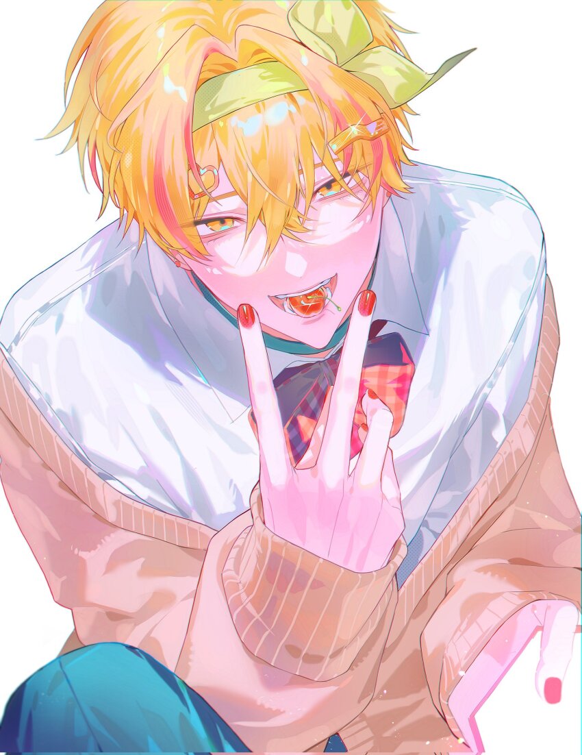 1boy, bow, bowtie, cardigan, cherry, collared_shirt, food, fruit, hair_between_eyes, hair_ornament, heart, heart_hair_ornament, highres, holding, holding_phone, looking_at_viewer, male_focus, mouth_hold, nino_sunday, orange_hair, phone, pma4g, red_nails, red_streaks, shirt, short_hair, simple_background, skoshism, solo, teeth, teeth_hold, v, white_background, white_shirt