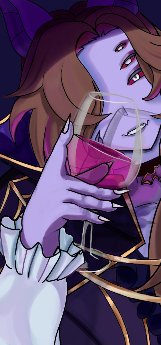acra_wuz_ofc, alcohol, animal_ears, bat_ears, brown_hair, cape, colored_sclera, colored_skin, cup, dante_will, dante_will_(bat), dante_will_(halloween), drinking_glass, extra_arms, extra_eyes, fingernails, highres, holding, indie_virtual_youtuber, long_hair, long_sleeves, multicolored_hair, purple_skin, purple_streaks, red_sclera, sharp_fingernails, smile, streaked_hair, vampire_costume, white_eyes, wine, wine_glass, wings