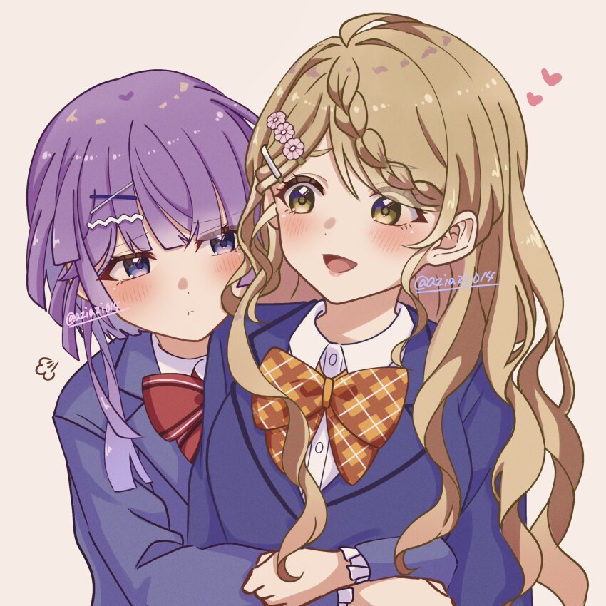 2girls, :t, agarie_nagi, aziazi014, blazer, blue_jacket, bow, bowtie