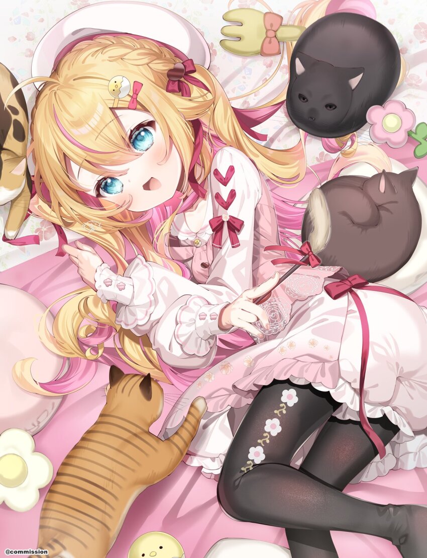 1girl, ahoge, animal, beret, black_pantyhose, blonde_hair, bloomers, blue_eyes