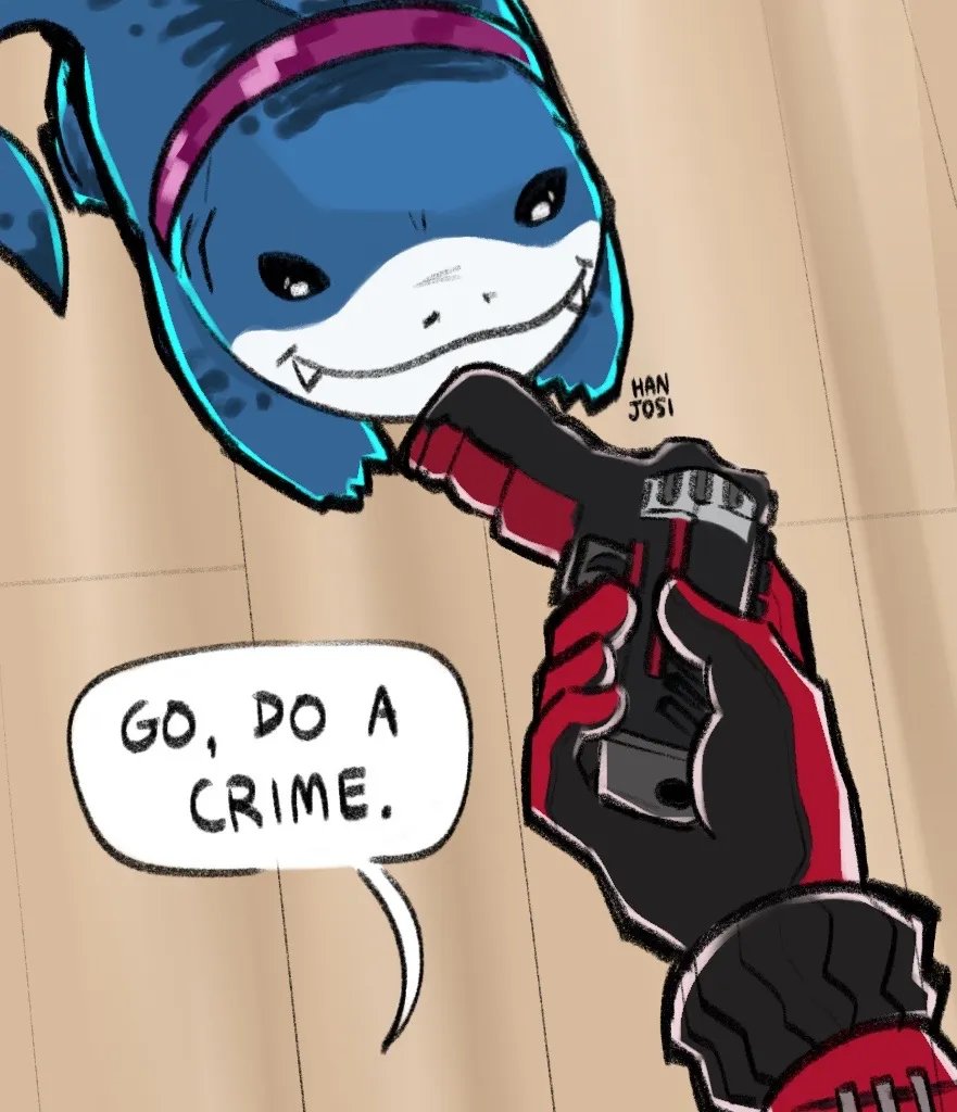 2boys, deadpool, fins, fish_tail, gills, gloves, go_do_a_crime_(meme), gun, hanjosi, jeff_(marvel), marvel, marvel_rivals, meme, multiple_boys, shark, shark_fin, shark_tail, sharp_teeth, smile, superhero_costume, tail, teeth, viewer_holding_weapon, weapon