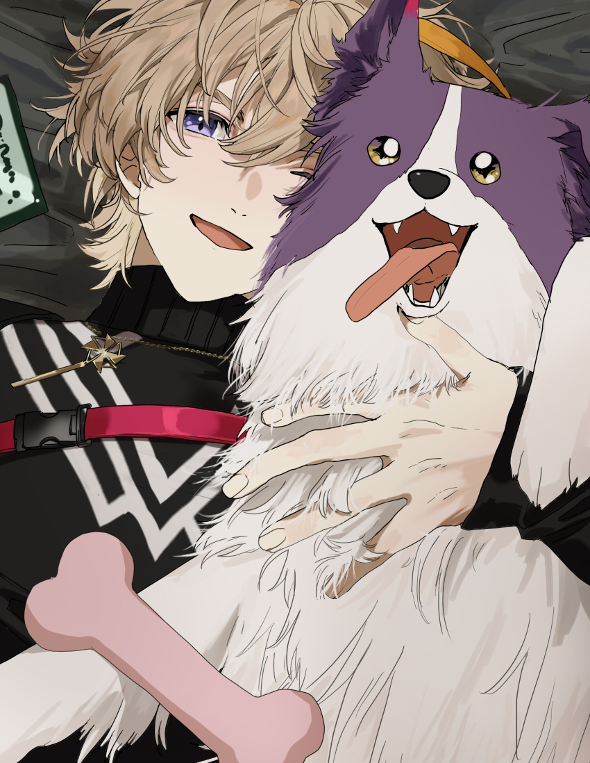 1boy, absurdres, blonde_hair, cartoon_bone, dog, fura_kanato, hair_between_eyes, highres