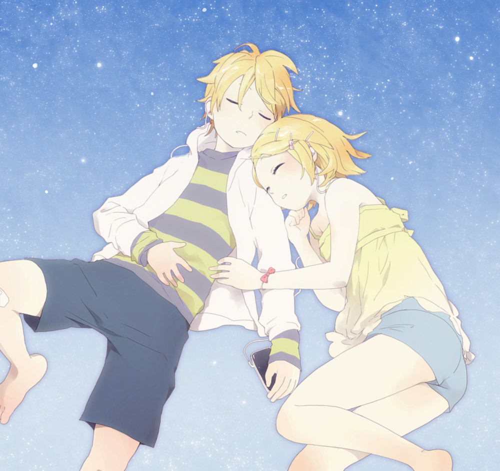 1boy, 1girl, barefoot, blonde_hair, brother_and_sister, casual, closed_eyes, hair_ornament