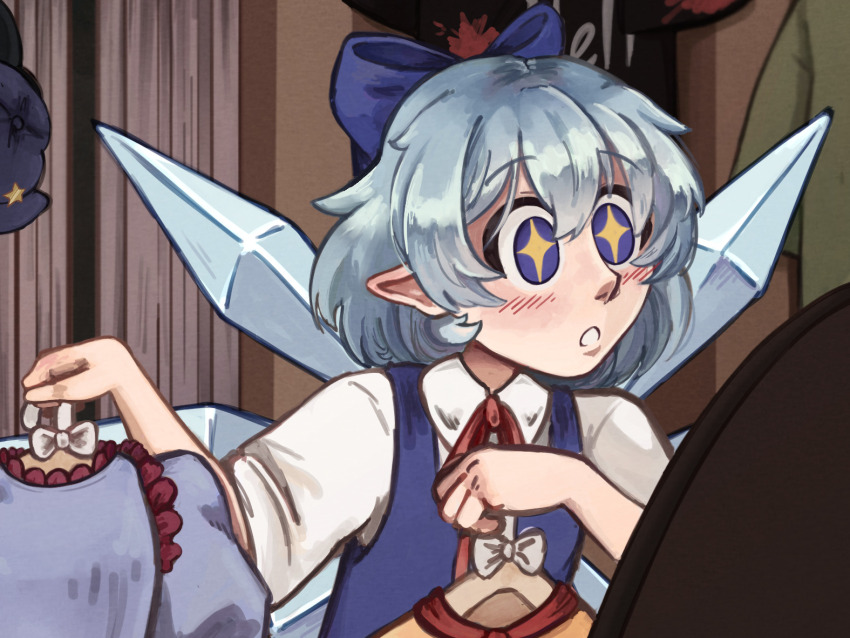 +_+, 1girl, :o, blue_bow, blue_eyes, bow, cirno, clothes_hanger, commentary, drawingcrows, dress, english_commentary, grey_hair, hair_bow, holding, holding_clothes_hanger, ice, ice_wings, indoors, looking_at_mirror, mirror, pointy_ears, short_hair, short_sleeves, touhou, upper_body, wings