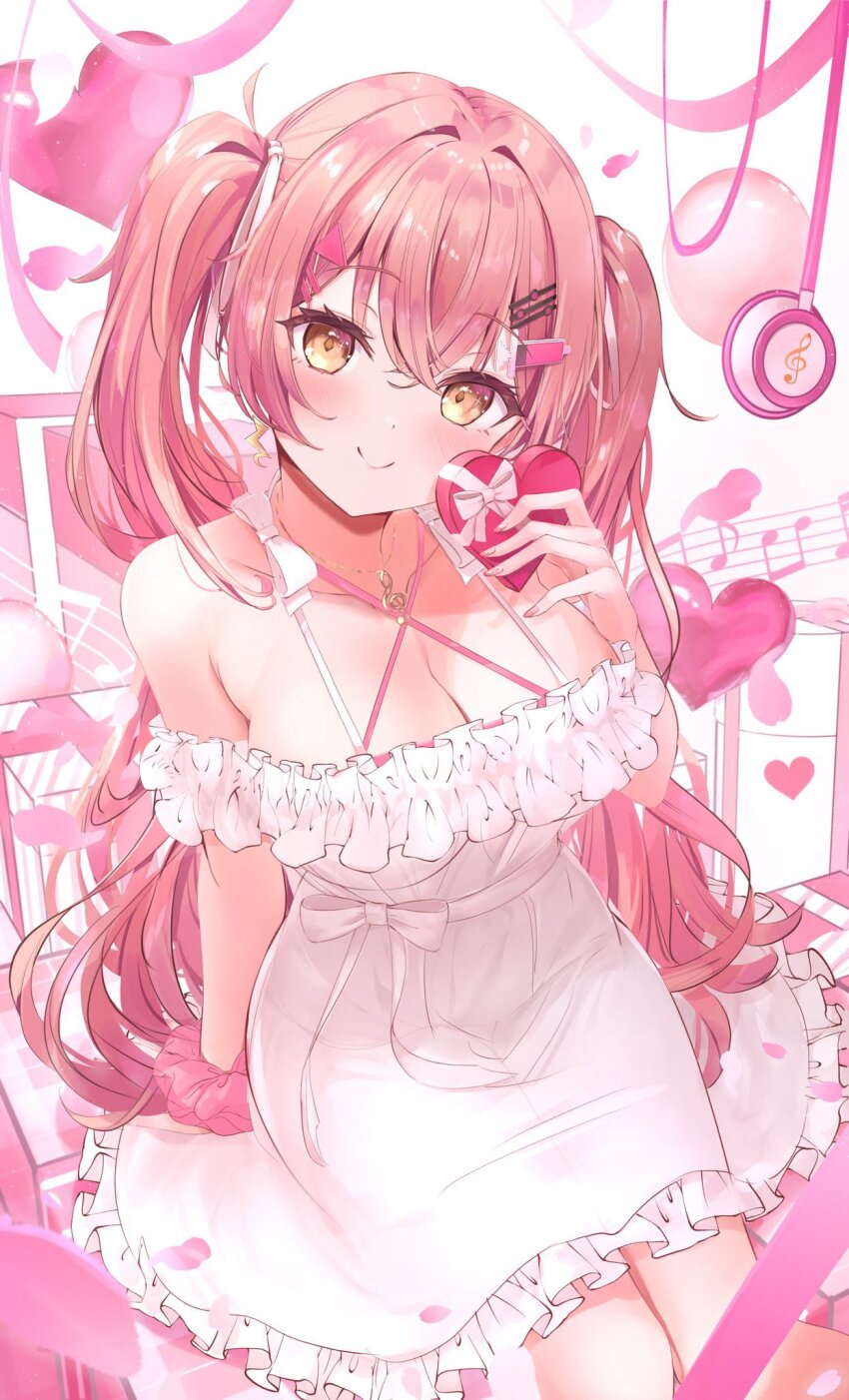 1girl, balloon, bare_shoulders, breasts, candy, chocolate, chocolate_heart, cleavage