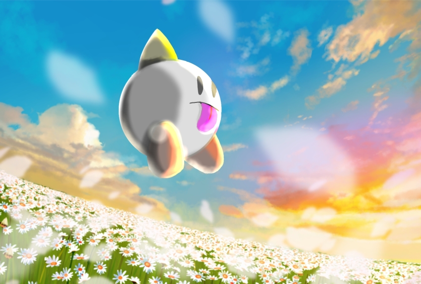 blue_sky, blurry, blurry_foreground, cloud, commentary_request, dizzy_(kirby), field, flower, flower_field, full_body, highres, hitose_shizuku, horns, jumping, kirby's_dream_land, kirby_(series), midair, nintendo, no_humans, outdoors, petals, single_horn, sky, solid_oval_eyes, solo, tongue, tongue_out, white_flower, white_petals