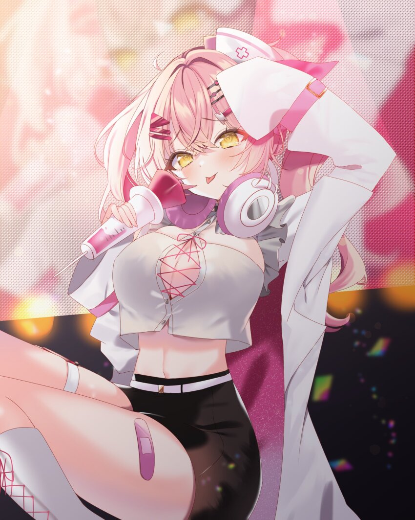 1girl, bandaid_on_thigh, black_skirt, breasts, cleavage, coat, commission, crop_top