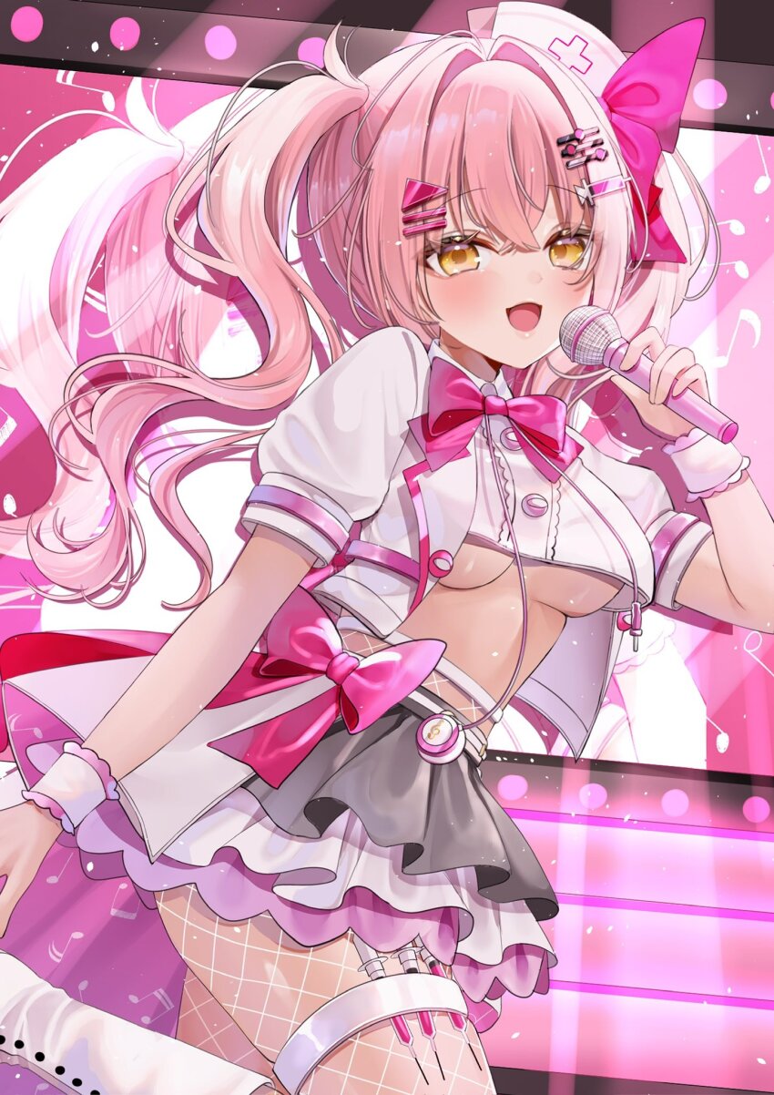 1girl, bow, bowtie, breasts, commission, cropped_shirt, drill_hair, grey_skirt