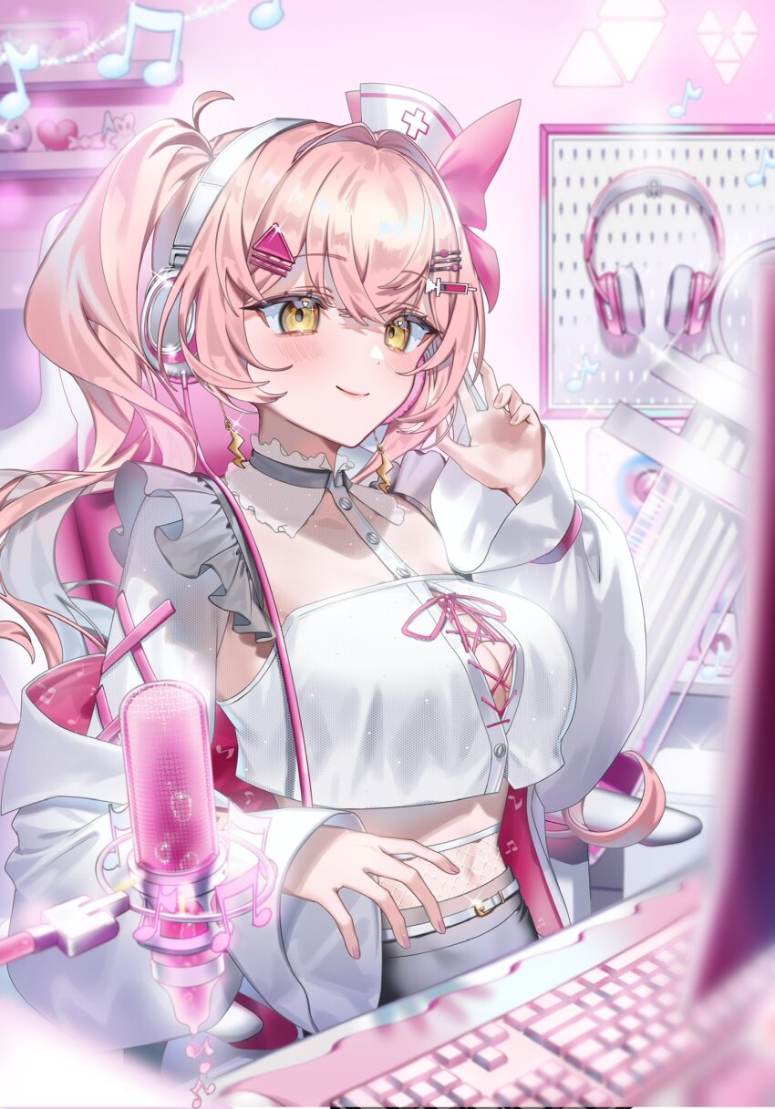 1girl, commission, computer_keyboard, crop_top, detached_sleeves, drill_hair, hair_ornament, hair_ribbon