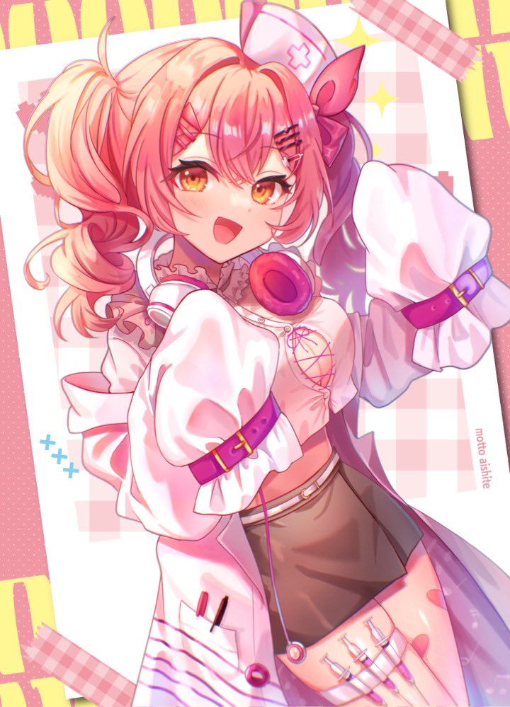 1girl, black_skirt, breasts, cleavage, coat, cocom092, commission, cropped_shirt