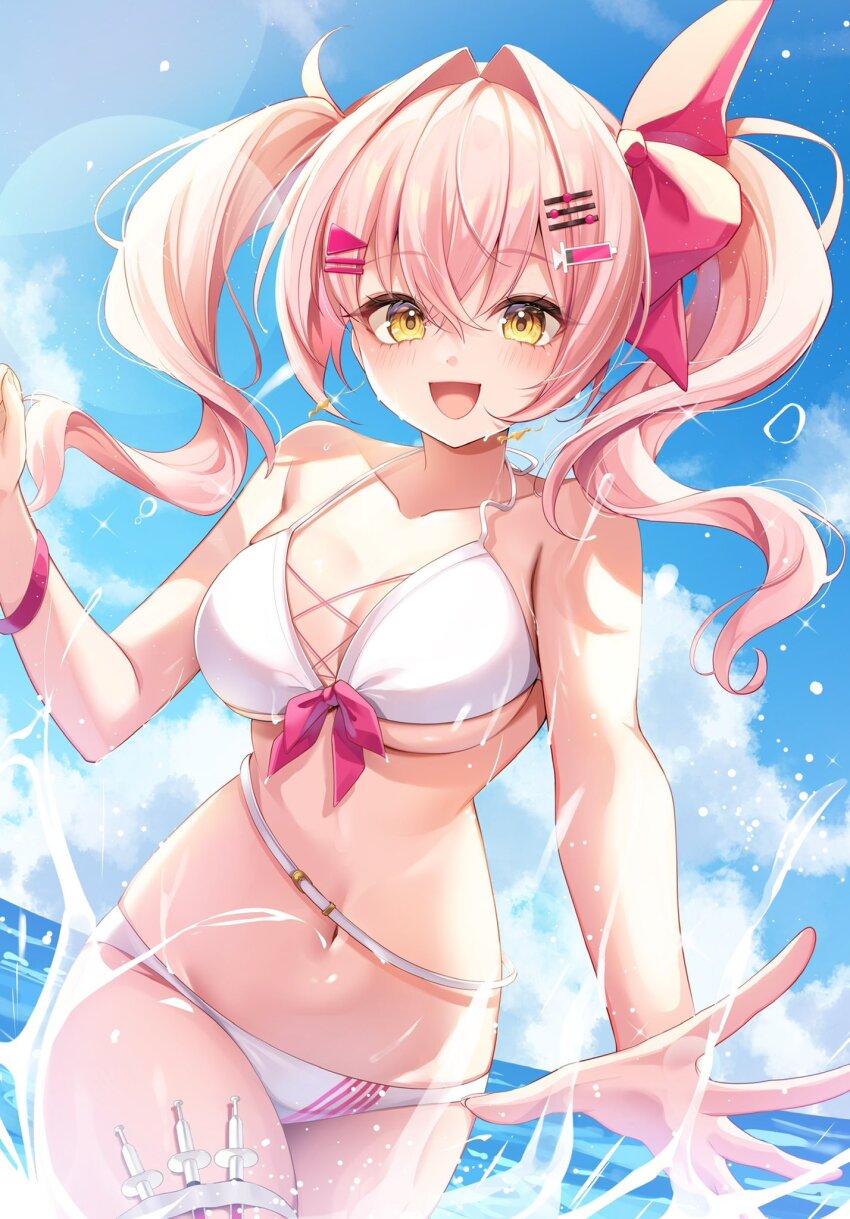 1girl, bare_shoulders, bikini, blue_sky, breasts, cleavage, cloud, collarbone, commentary, commission, english_commentary, hair_ornament, hair_ribbon, hairclip, highres, holster, indie_virtual_youtuber, large_breasts, long_hair, minaton, miyagi_ratona, navel, open_mouth, pink_hair, red_ribbon, ribbon, second-party_source, sky, solo, splashing, swimsuit, syringe, syringe_holster, thigh_holster, twintails, virtual_youtuber, water, white_bikini, yellow_eyes