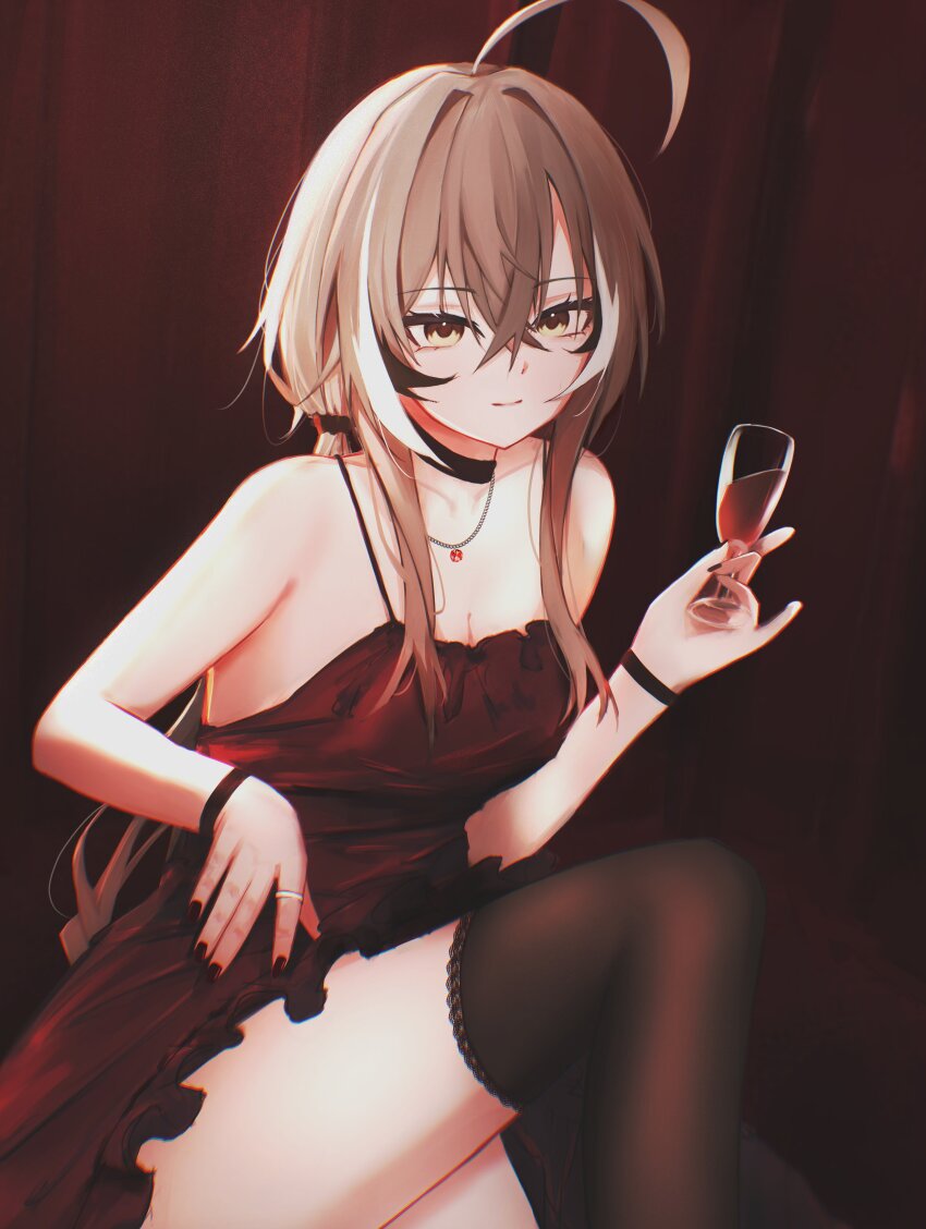 1girl, absurdres, ahoge, bare_shoulders, black_hair, breasts, brown_dress, brown_hair