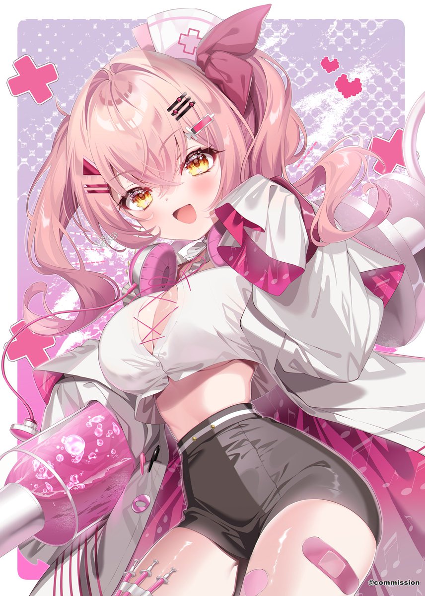 1girl, bandaid_on_thigh, bike_shorts, black_shorts, breasts, chi_no, cleavage, coat